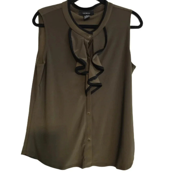 Liz McCoy Tops - Liz McCoy Olive Green and Black Blouse with Ruffled front